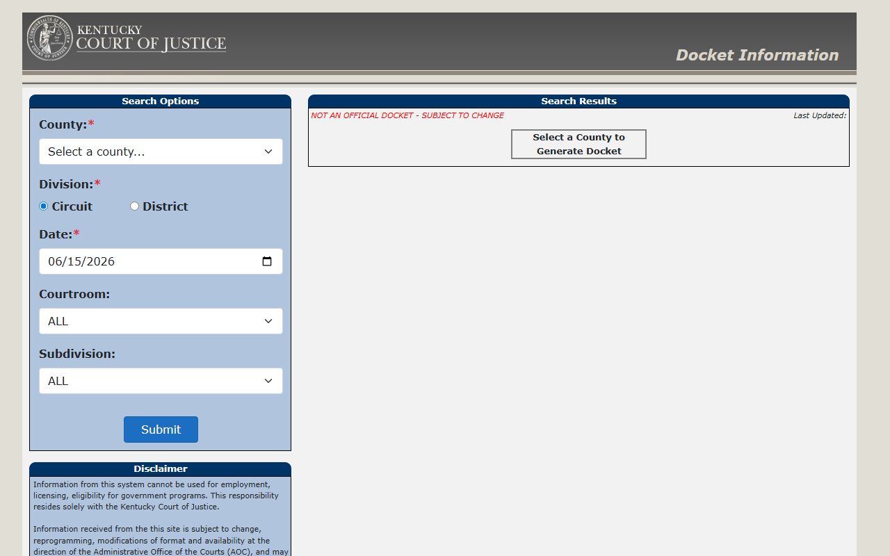 Robertson County court records after arrest Kentucky docket search fields