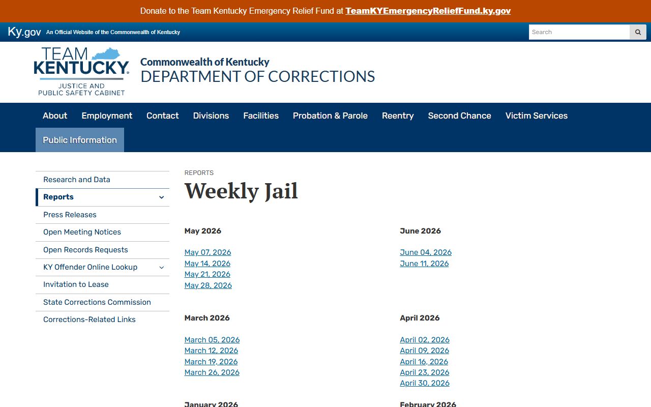 Robertson County inmate population KY DOC weekly jail report archive