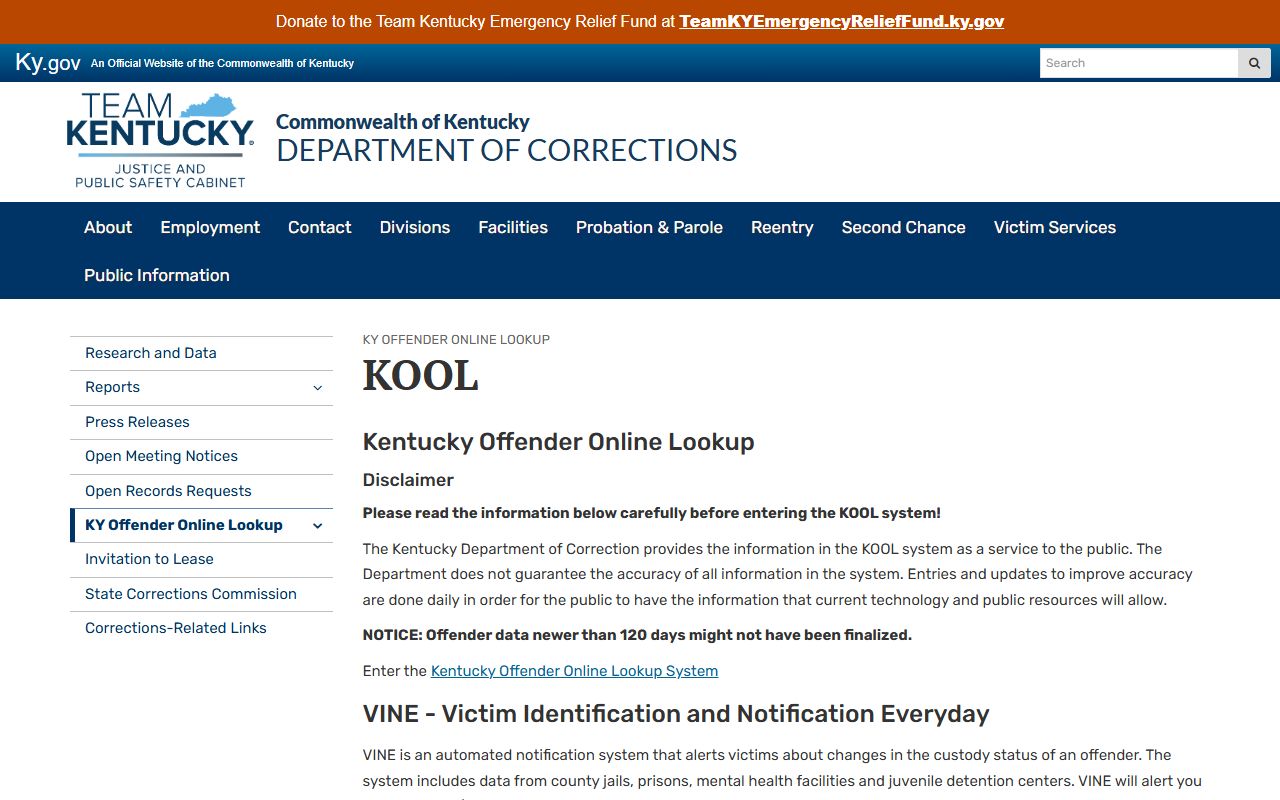 Robertson County inmate records KY DOC KOOL information page